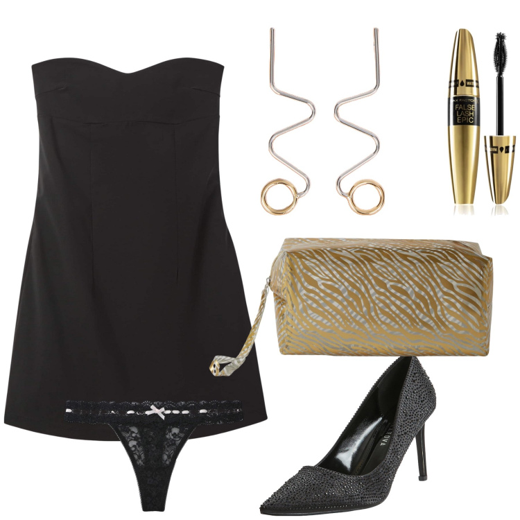 Outfit donna - Scollo a cuore. Stile Sexy per Serata fuori. Abbinamento con mascara, pochette, décolleté, perizomi, vestiti, orecchini.