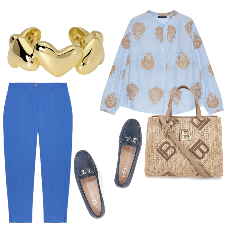Outfit donna - Total look #2095320. Stile Casual chic per Ufficio. Abbinamento con anelli, bluse, pantaloni chino, mocassini, borse a tracolla.