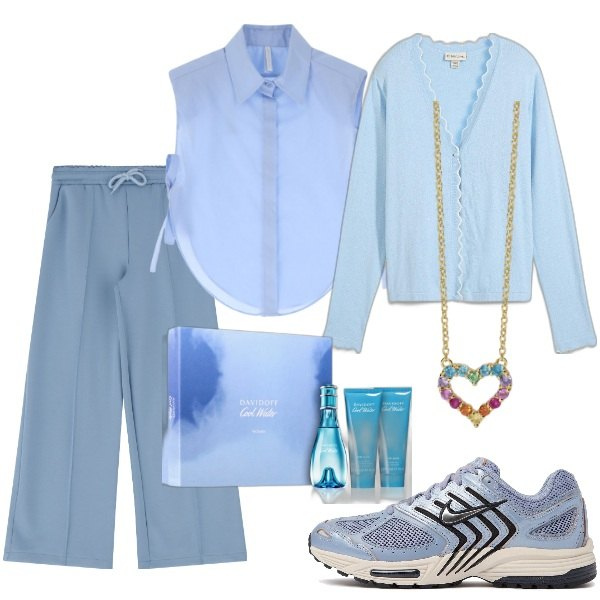 Outfit donna - Aspettando la primavera. Stile Casual chic per Tutti i giorni. Abbinamento con cardigans, profumi, collane, camicie, pantaloni, sneakers.