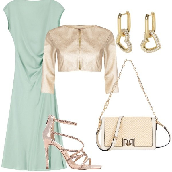 Outfit donna - Cerimonia tra intimi. Stile Glamour per Tutti i giorni. Abbinamento con sandali col tacco, orecchini, bolero, borse a tracolla, vestiti lunghi.