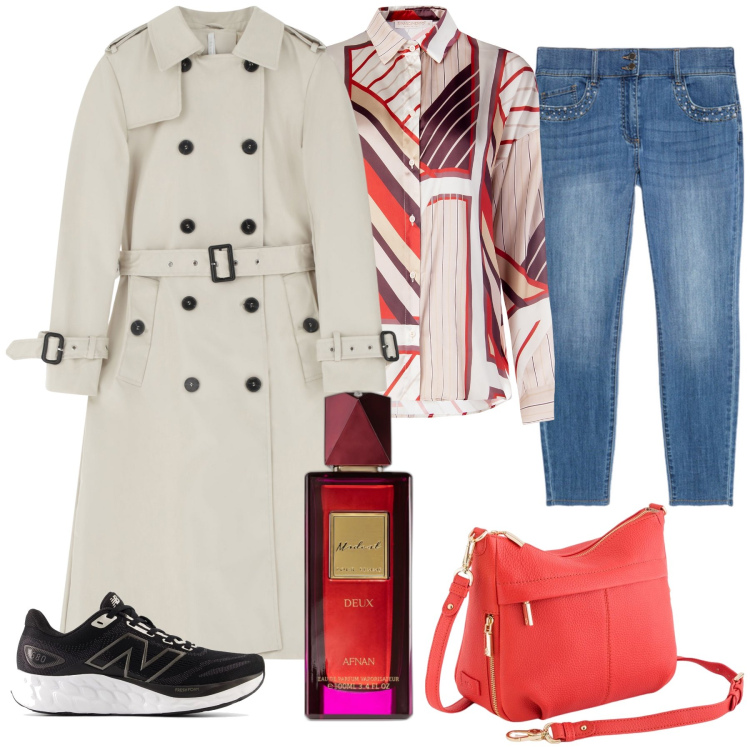 Outfit donna - Deux. Stile Casual per Tutti i giorni. Abbinamento con profumi, sneakers, camicie, trench, jeans skinny, borse a tracolla.