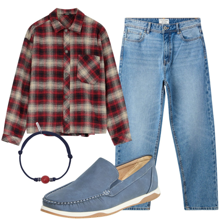 Outfit uomo - Total look #2095330. Stile Casual per Tutti i giorni. Abbinamento con braccialetti, camicie, scarpe stringate, jeans.