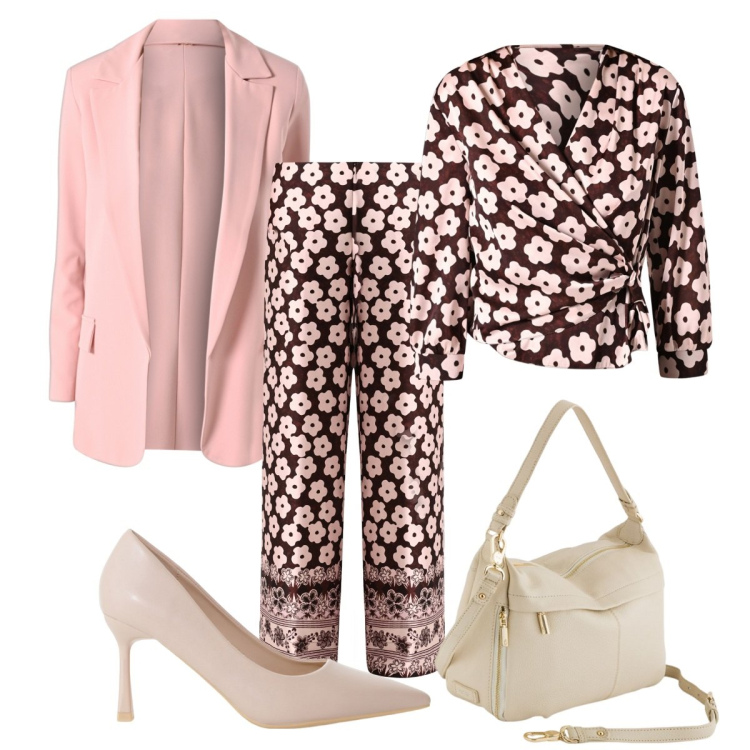 Outfit donna - Completo rosa. Stile Bon Ton per Tutti i giorni. Abbinamento con blazer, pantaloni a palazzo, bluse, décolleté, borse a tracolla.