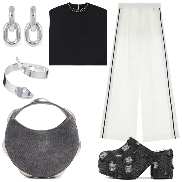 Outfit donna - Dettagli. Stile Glamour per Tutti i giorni. Abbinamento con pantaloni a palazzo, top, sabot, orecchini, braccialetti, borse a mano.