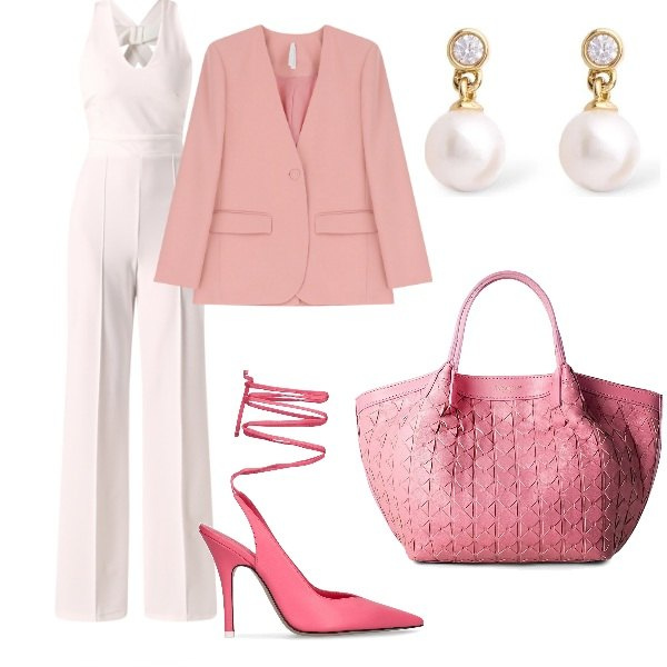 Outfit donna - Matrimonio in vista. Stile Glamour per Cerimonia. Abbinamento con borse a mano, tute, blazer, décolleté, orecchini.