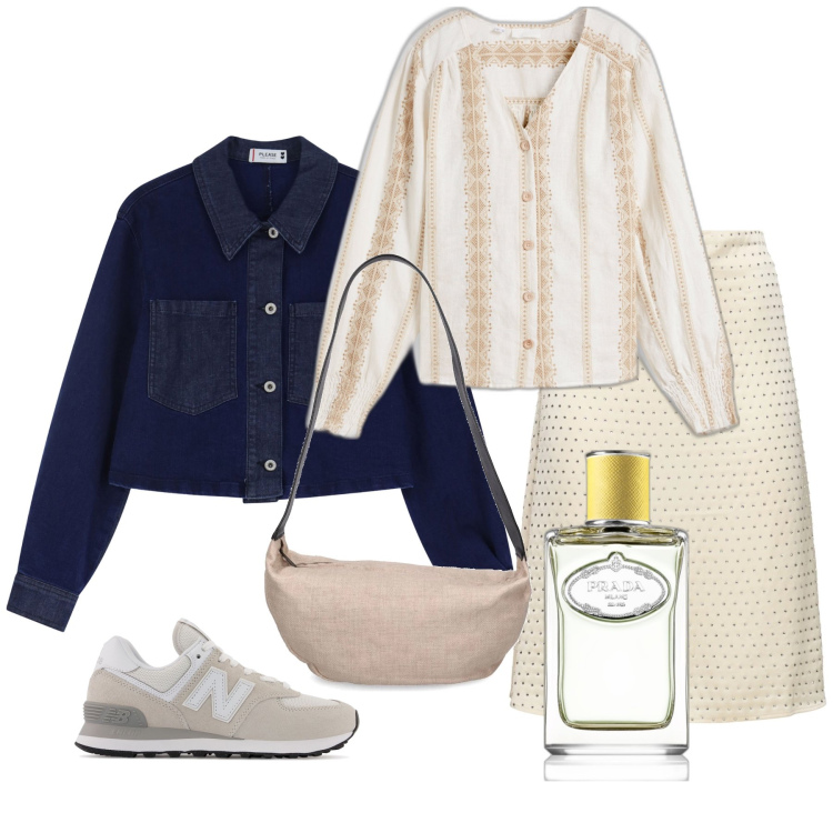 Outfit donna - Prada parfum. Stile Casual chic per Tutti i giorni. Abbinamento con camicie, profumi, sneakers, blazer, borse a spalla, gonne.