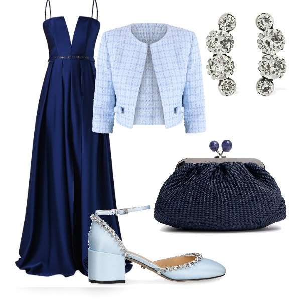 Outfit donna - Matrimonio di sera. Stile Glamour per Cerimonia. Abbinamento con vestiti lunghi, blazer, pochette, décolleté, orecchini.