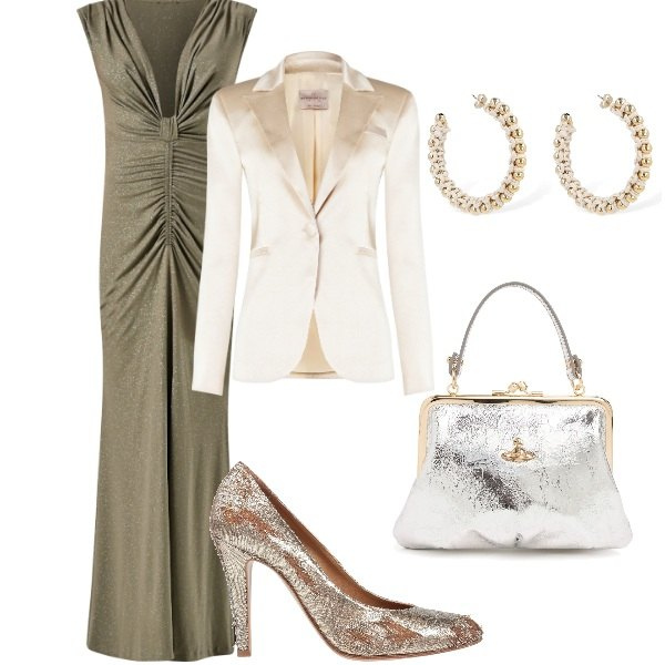Outfit donna - Matrimonio in vista. Stile Glamour per Cerimonia. Abbinamento con décolleté, vestiti lunghi, blazer, borse a mano, orecchini.