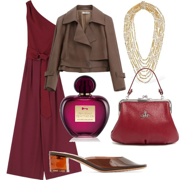 Outfit donna - Serata fuori. Stile Glamour per Serata fuori. Abbinamento con profumi, blazer, tute, borse a mano, collane, pantofole.