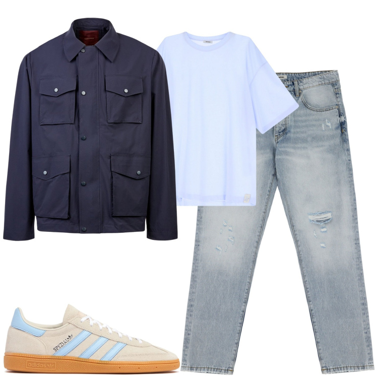 Outfit uomo - City. Stile Casual per Tutti i giorni. Abbinamento con t-shirt, jeans strappati, giacche, sneakers.