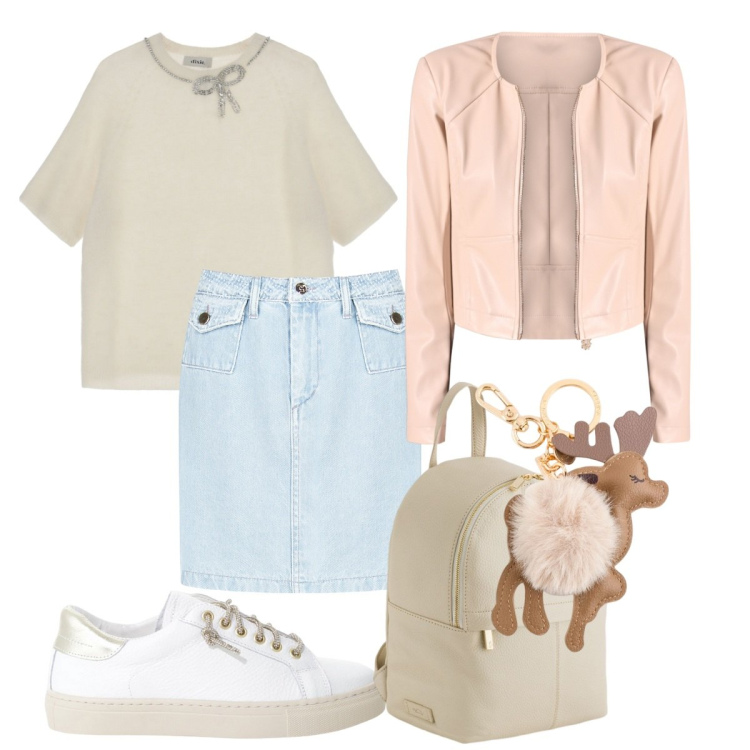 Outfit donna - La gonna denim. Stile Chic per Tutti i giorni. Abbinamento con sneakers, maglieria, giacche, minigonne, portachiavi, zaini.