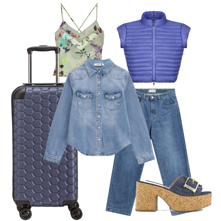 Outfit donna - In partenza. Stile Casual per Tutti i giorni. Abbinamento con jeans dritti, camicie, canottiere, blazer, sandali, valigie.