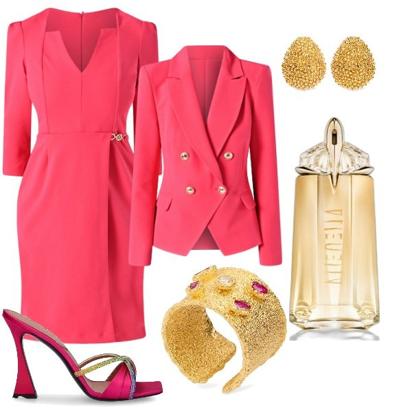 Outfit donna - Matrimonio in vista. Stile Glamour per Cerimonia. Abbinamento con profumi, vestiti a tubino, blazer, sandali in pelle, orecchini, anelli.