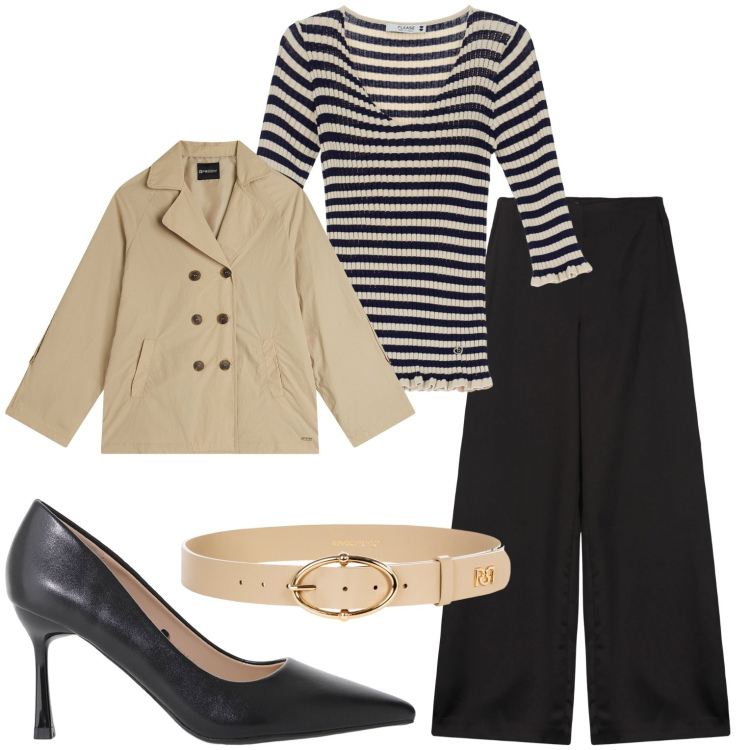 Outfit donna - Giornata al lavoro. Stile Casual chic per Ufficio. Abbinamento con cinture, pullovers, décolleté, trench, pantaloni a palazzo.