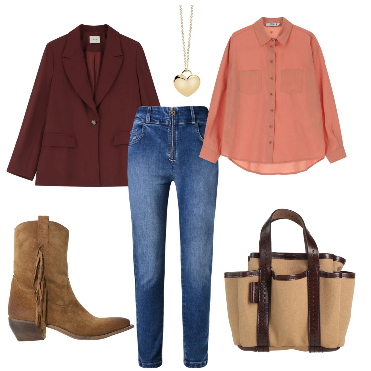 Outfit donna - Primavera = Jeans e Camicia. Stile Casual chic per Ufficio. Abbinamento con borse a mano, blazer, stivali, collane, jeans skinny, camicie.