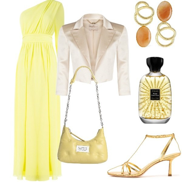 Outfit donna - Matrimonio in vista. Stile Glamour per Cerimonia. Abbinamento con borse a spalla, profumi, bolero, vestiti lunghi, sandali in pelle, orecchini.