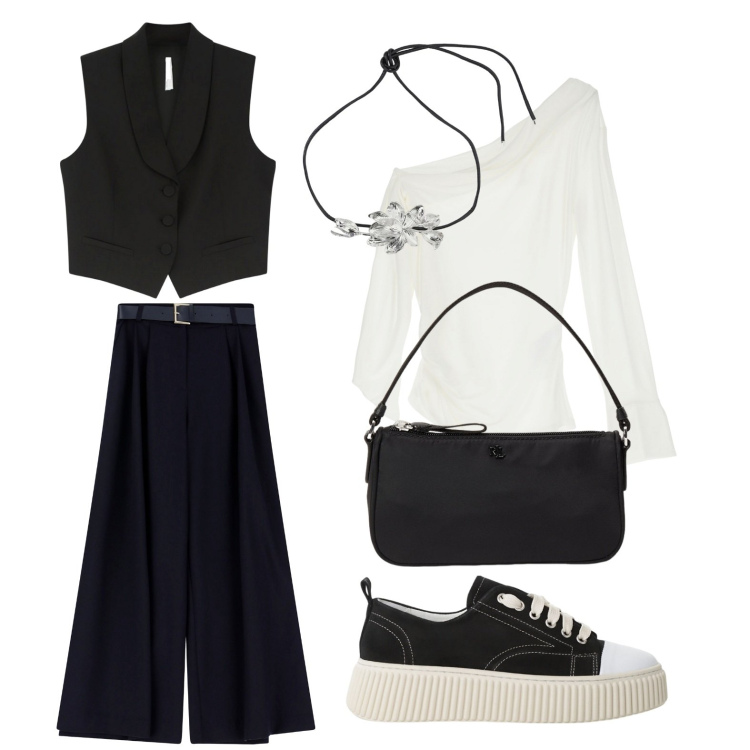 Outfit donna - Total look #2095390. Stile Casual per Ufficio. Abbinamento con sneakers, pantaloni a palazzo, maglieria, gilet, collane, pochette.