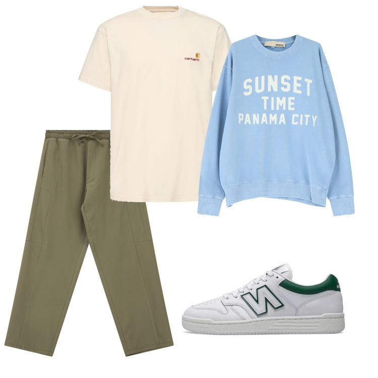 Outfit uomo - Azzurro aprile. Stile Casual per Sport. Abbinamento con sneakers, pantaloni cargo, felpe, t-shirt.