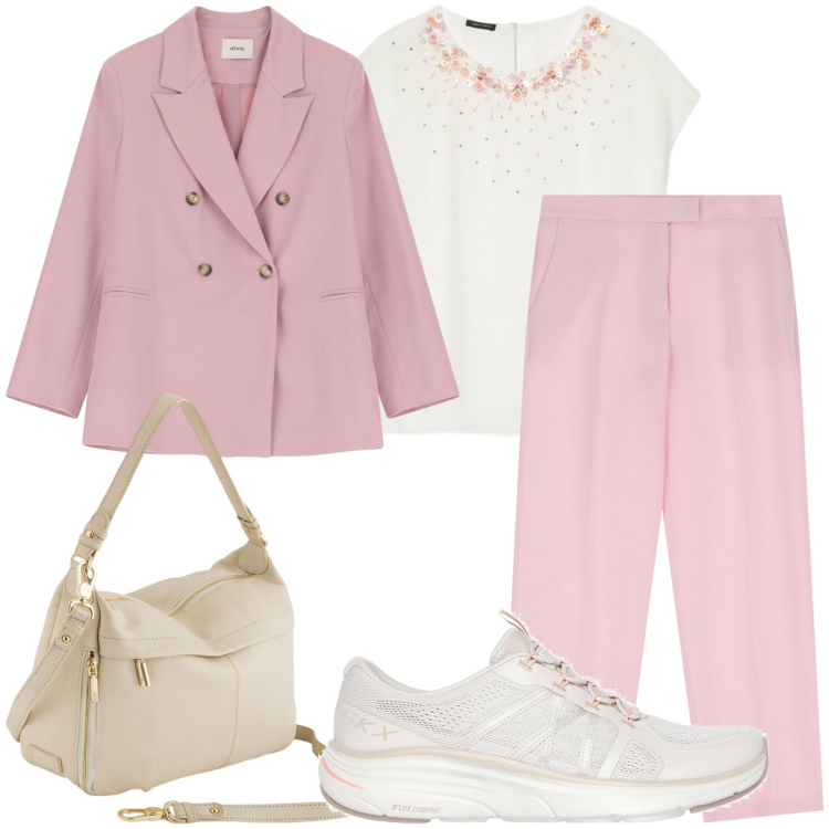 Outfit donna - Giornata in rosa. Stile Casual chic per Tutti i giorni. Abbinamento con pantaloni, blazer, bluse, borse a tracolla, sneakers.