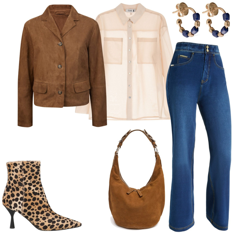 Outfit donna - Total look #2095417. Stile Boho per Tutti i giorni. Abbinamento con stivaletti, camicie, jeans, orecchini, blazer, borse a spalla.