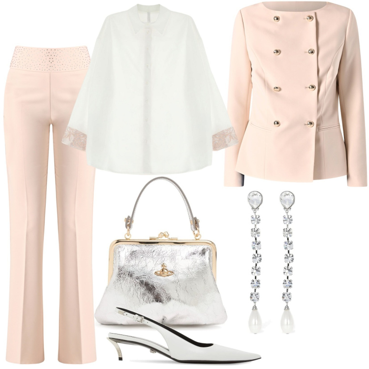 Outfit donna - Total look #2095420. Stile Chic per Tutti i giorni. Abbinamento con pantaloni, blazer, camicie, borse a mano, orecchini, décolleté.