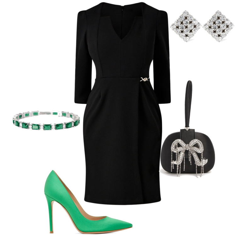 Outfit donna - Il tubino a portafoglio. Stile Chic per Tutti i giorni. Abbinamento con braccialetti, vestiti a tubino, pochette, orecchini, décolleté.