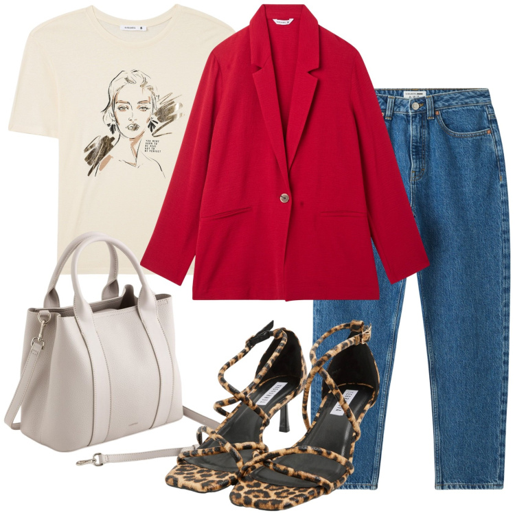 Outfit donna - In jeans @pamela. Stile Glamour per Tutti i giorni. Abbinamento con jeans mom, blazer, sandali col tacco, t-shirt, borse a mano.
