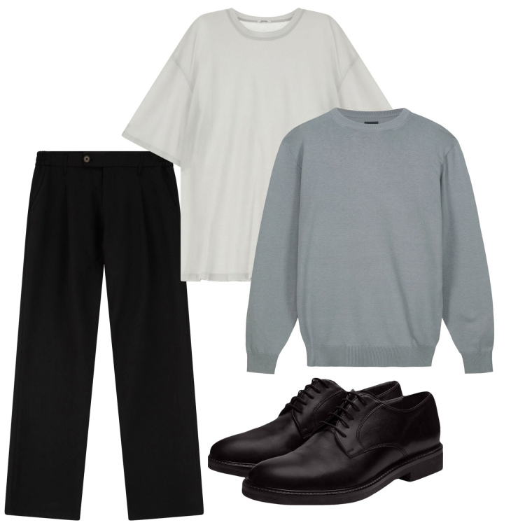 Outfit uomo - Marzo. Stile Casual per Tutti i giorni. Abbinamento con pantaloni, t-shirt, scarpe stringate, maglieria.