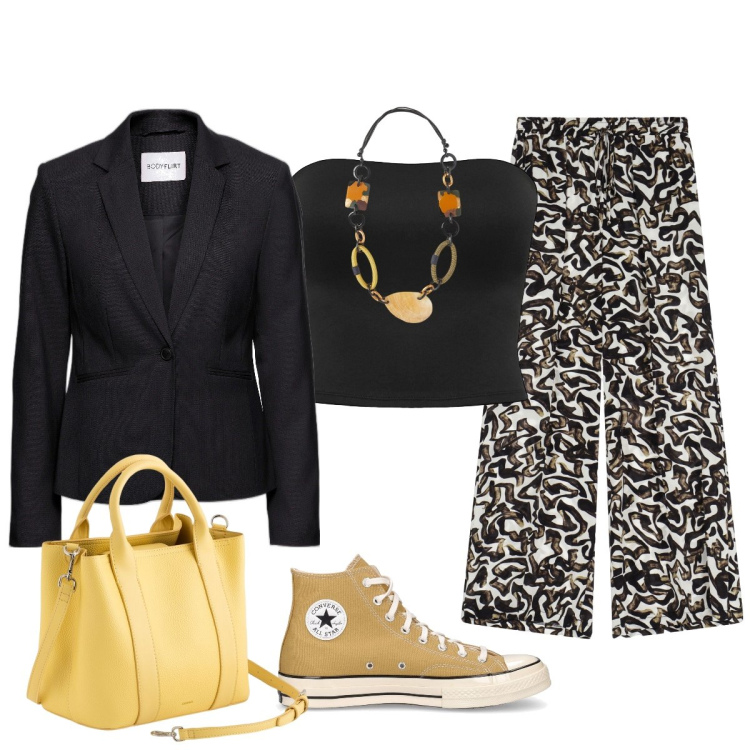 Outfit donna - In città. Stile Glamour per Serata fuori. Abbinamento con blazer, top, pantaloni a palazzo, borse a mano, sneakers, collane.