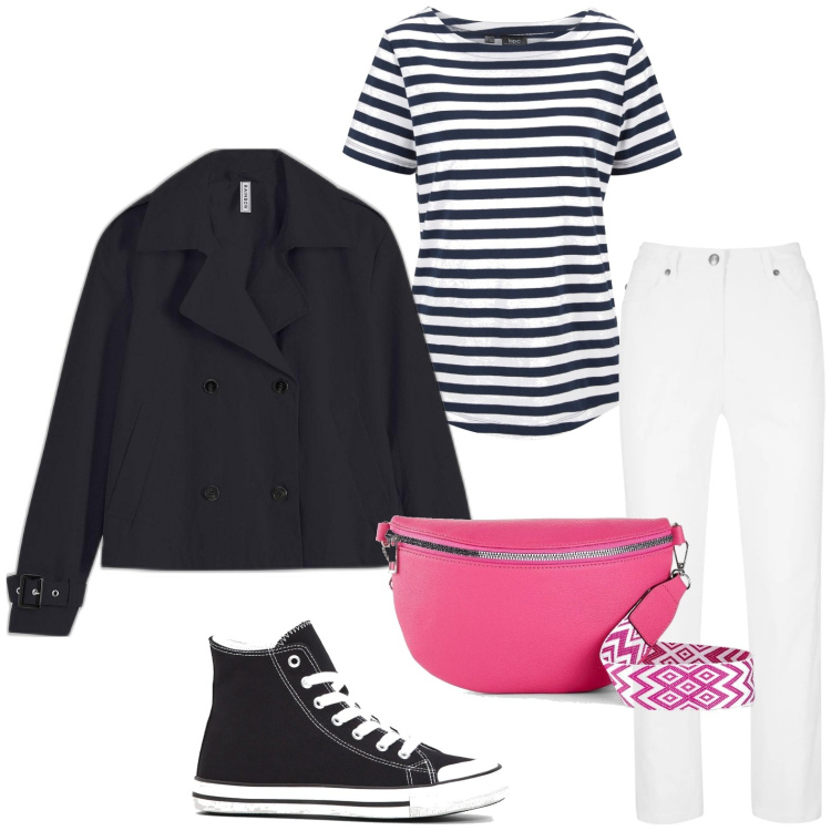 Outfit donna - bonprix - Colori e fantasie di tendenza. Stile Basic per Tutti i giorni. Abbinamento con pantaloni, t-shirt, sneakers alte, trench, marsupi.
