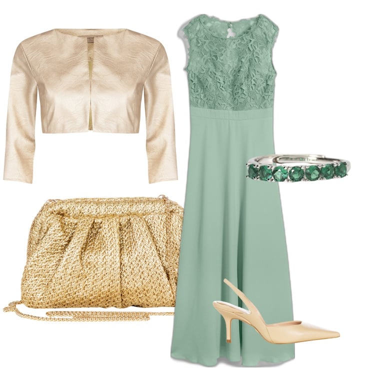 Outfit donna - Cerimonia di giorno. Stile Chic per Cerimonia. Abbinamento con vestiti lunghi, anelli, bolero, décolleté, clutch.