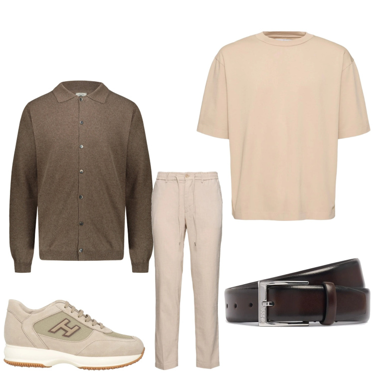 Outfit uomo - Armonia in marrone. Stile Casual per Ufficio. Abbinamento con sneakers, polo, cinture, pantaloni, t-shirt.