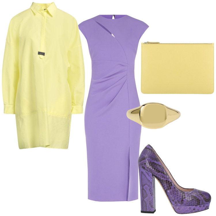 Outfit donna - giallo e viola. Stile Casual chic per Ufficio. Abbinamento con décolleté, pochette, vestiti corti, anelli, vestiti midi/longuette.