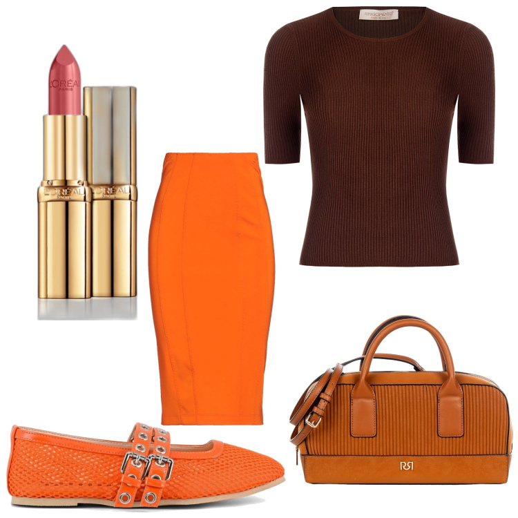 Outfit donna - Orange. Stile Casual chic per Ufficio. Abbinamento con gonne longuette, rossetti, borse a mano, maglieria, ballerine.
