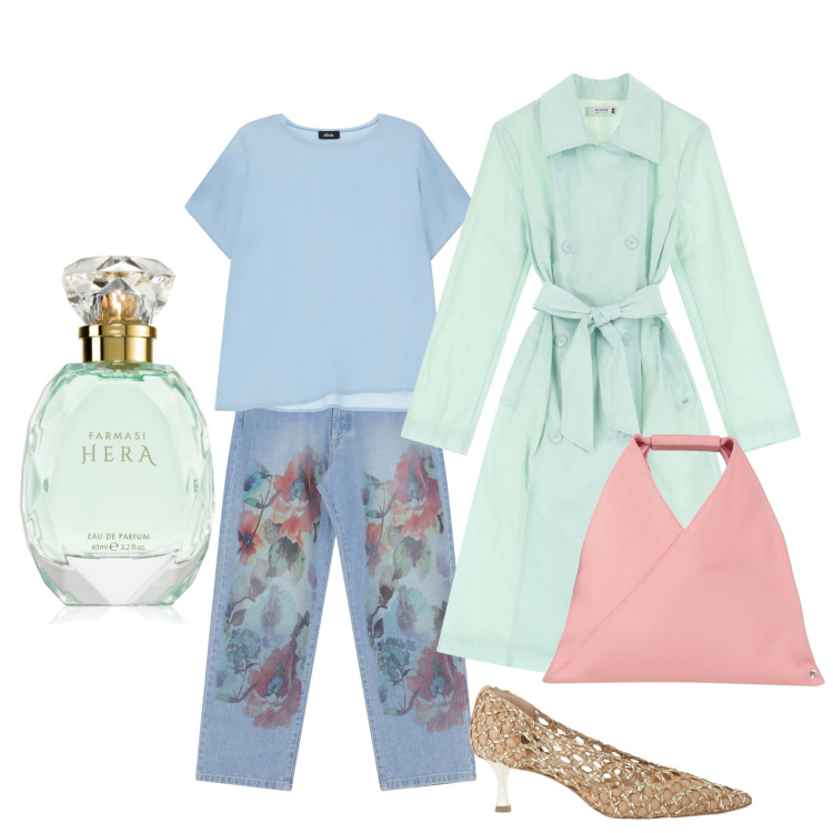 Outfit donna - It\'s Trench time!. Stile Casual chic per Ufficio. Abbinamento con borse a mano, profumi, jeans dritti, trench, t-shirt, décolleté.