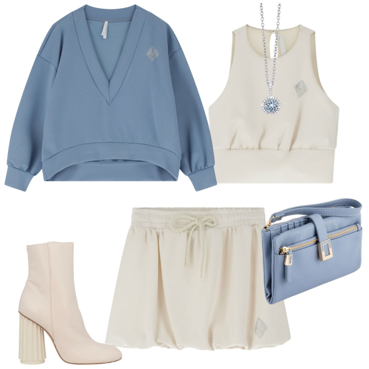 Outfit donna - Serata fuori. Stile Casual chic per Serata fuori. Abbinamento con stivaletti, collane, maglieria, top, minigonne, portafogli.