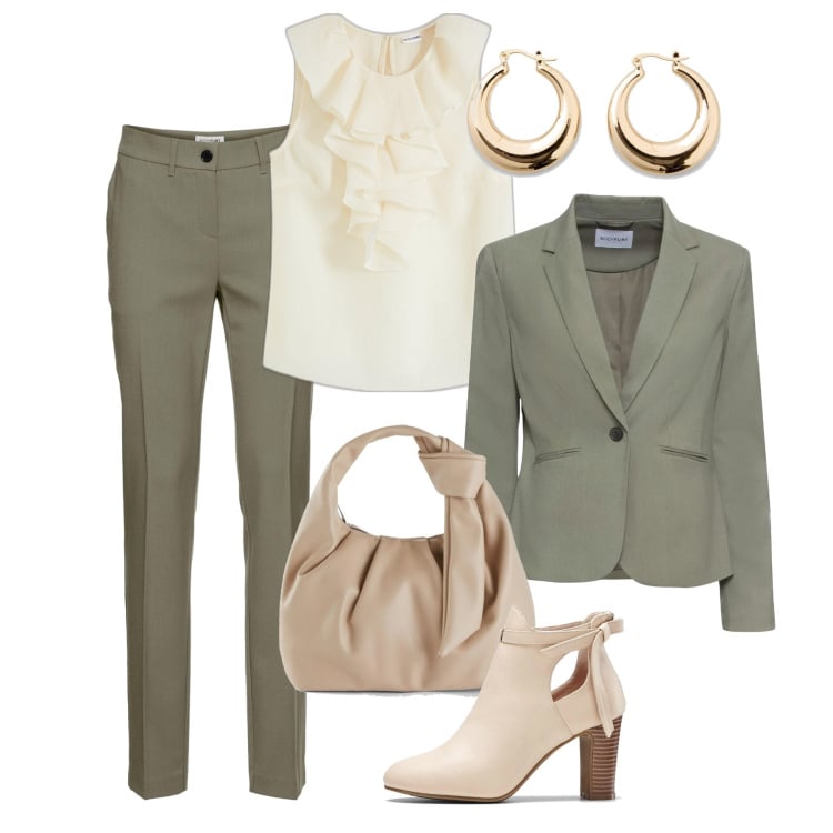 Outfit donna - Completo verde oliva in ufficio. Stile Glamour per Ufficio. Abbinamento con blazer, pantaloni, stivaletti, borse a mano, bluse, orecchini.