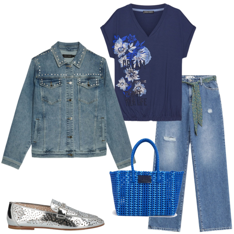 Outfit donna - In centro con le amiche. Stile Casual chic per Tutti i giorni. Abbinamento con mocassini, jeans strappati, blazer, t-shirt, shopping bag.