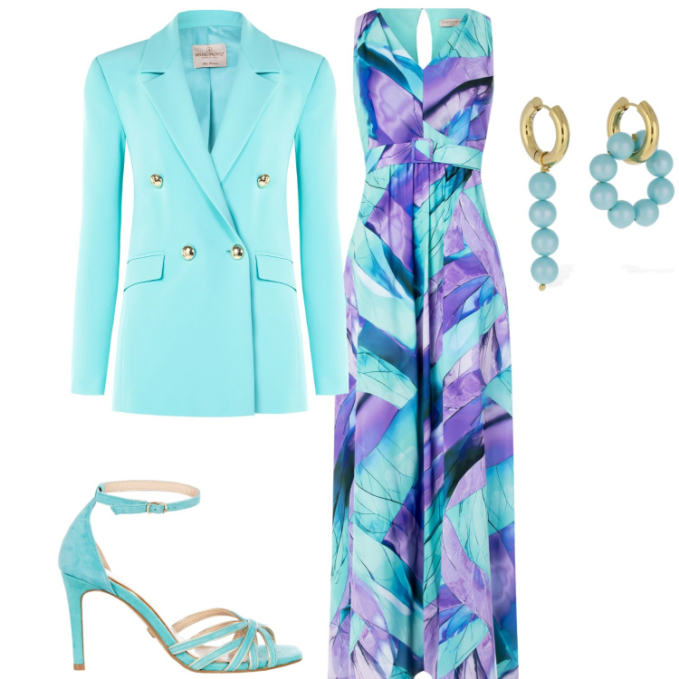 Outfit donna - Cerimonia. Stile Chic per Cerimonia. Abbinamento con vestiti lunghi, blazer, sandali col tacco, orecchini.
