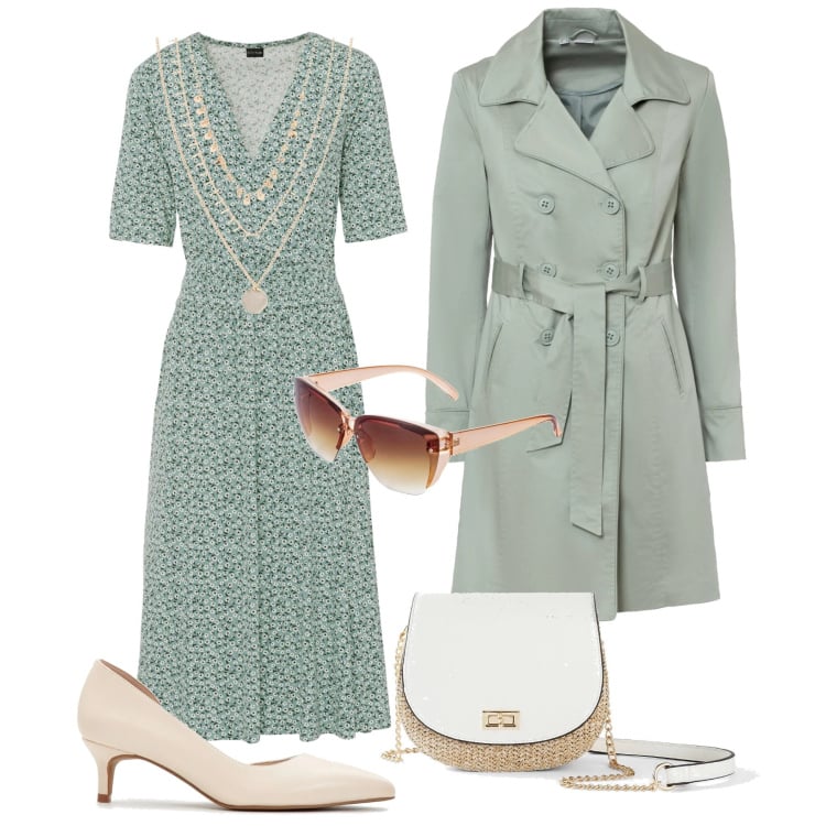 Outfit donna - Pastello H24 Bonprix. Stile Glamour per Tutti i giorni. Abbinamento con vestiti, trench, collane, borse a tracolla, occhiali da sole, décolleté.