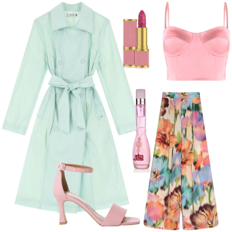 Outfit donna - È primavera.... Stile Bon Ton per Tutti i giorni. Abbinamento con profumi, rossetti, canottiere, trench, sandali col tacco, pantaloni a palazzo.
