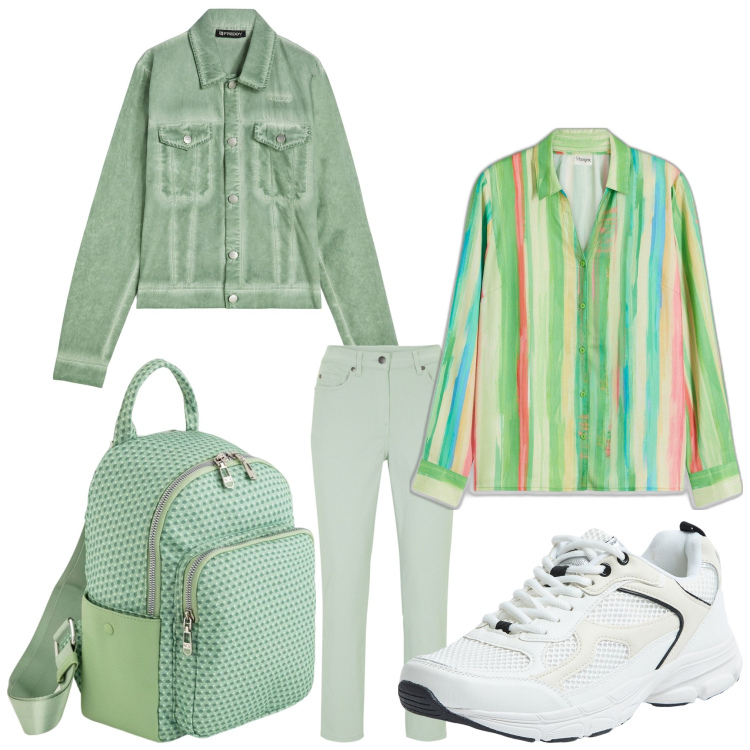Outfit donna - Arcobaleno. Stile Casual chic per Tutti i giorni. Abbinamento con pantaloni, camicie, sneakers, blazer, zaini.
