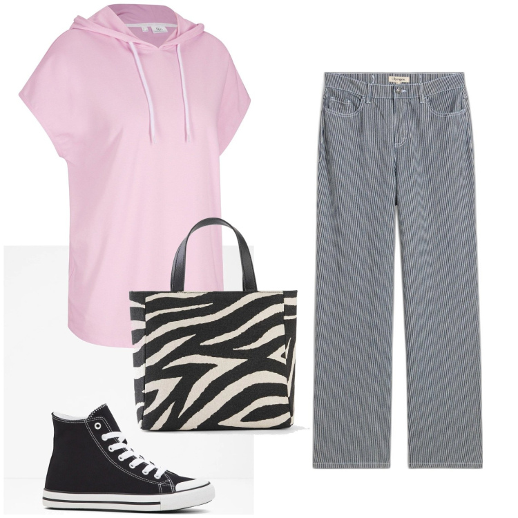 Outfit donna - Total look #2095493. Stile Casual per Tutti i giorni. Abbinamento con sneakers alte, borse a mano, jeans dritti, felpe con cappuccio.