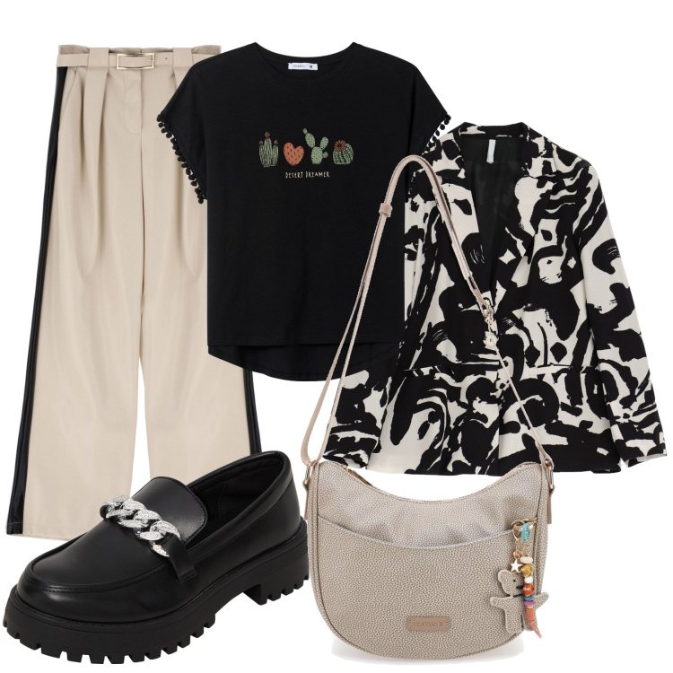 Outfit donna - Casual chic in primavera. Stile Casual chic per Tutti i giorni. Abbinamento con mocassini, t-shirt, blazer, pantaloni, borse a tracolla.