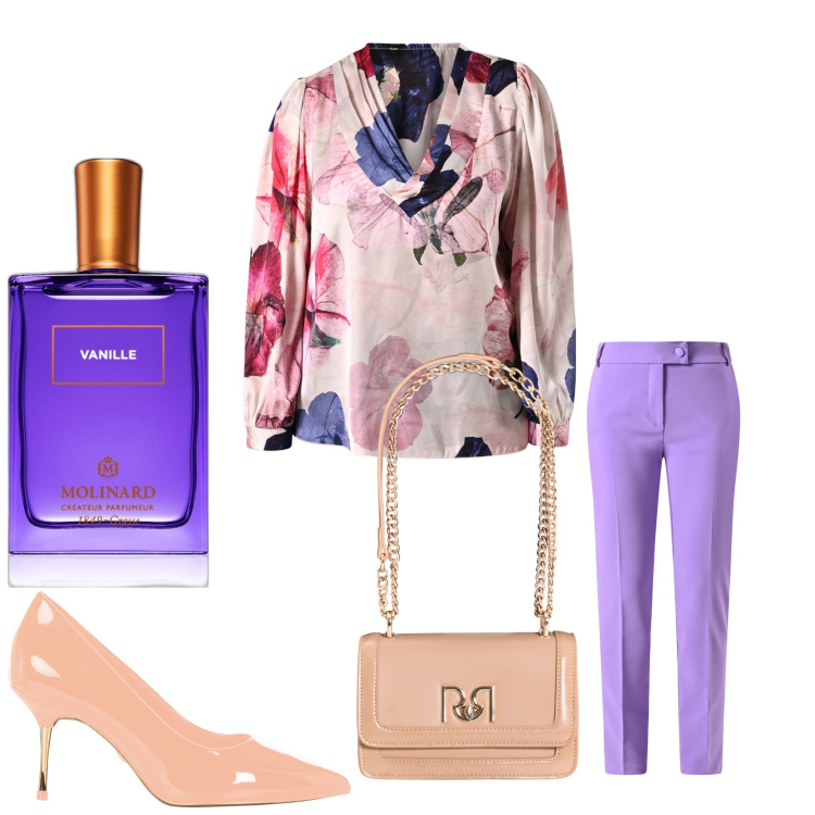 Outfit donna - Rinascimento. Stile Chic per Cerimonia. Abbinamento con profumi, bluse, pantaloni, décolleté, borse a tracolla.