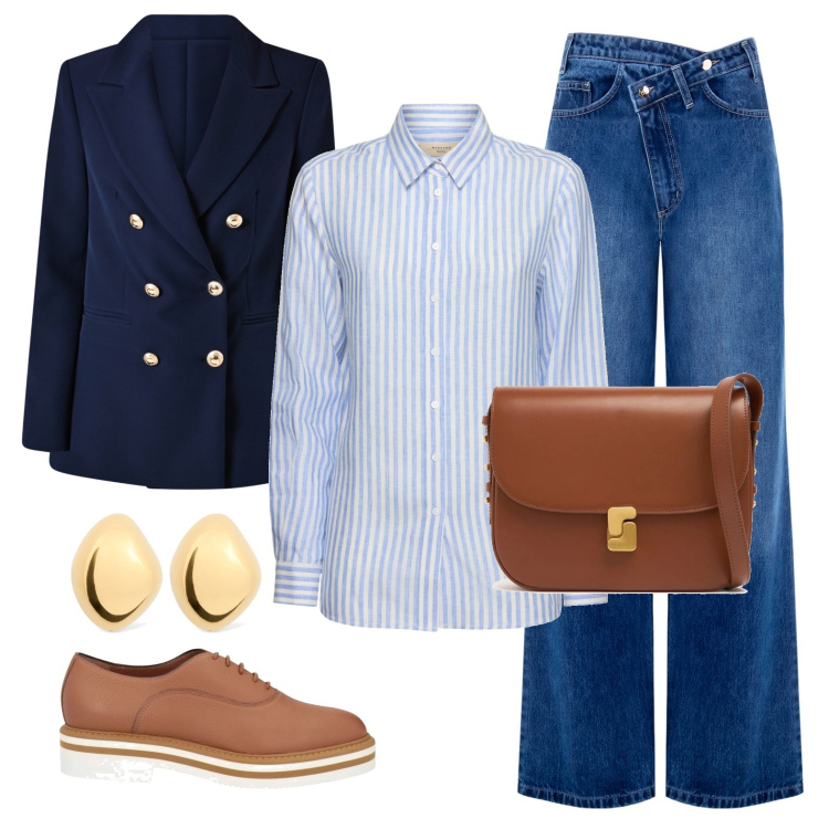Outfit donna - Blue blazer style. Stile Casual chic per Ufficio. Abbinamento con scarpe stringate, blazer, jeans, camicie, borse a spalla, orecchini.