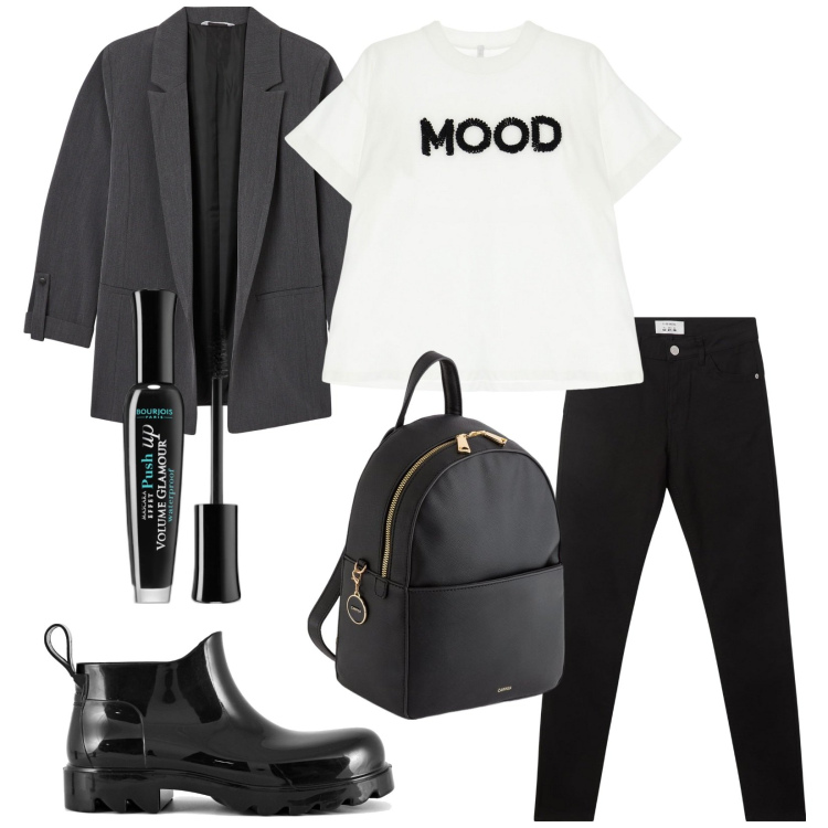 Outfit donna - Total look #2095516. Stile Casual chic per Tutti i giorni. Abbinamento con mascara, blazer, pantaloni, t-shirt, stivali, zaini.