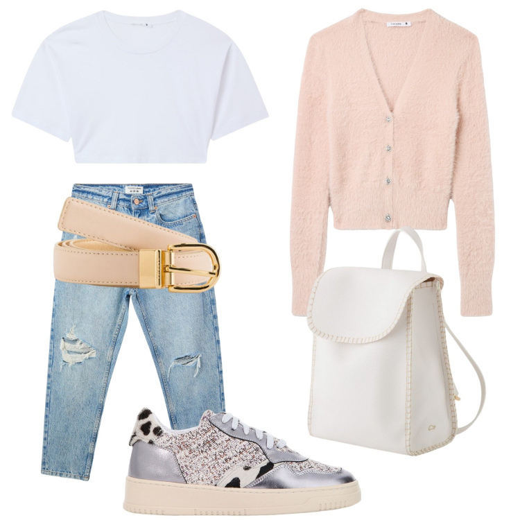 Outfit donna - Total look #2095517. Stile Casual per Tutti i giorni. Abbinamento con jeans mom, cardigans, t-shirt, sneakers, zaini, cinture.