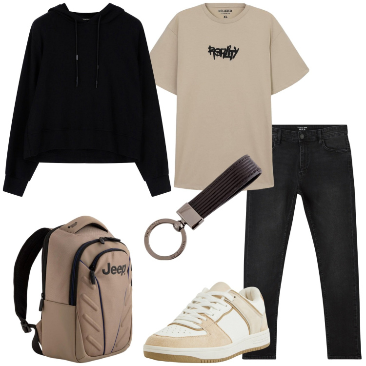 Outfit uomo - Total look #2095520. Stile Urban per Tutti i giorni. Abbinamento con jeans skinny, t-shirt, sneakers, felpe con cappuccio, portachiavi, borse sportive.