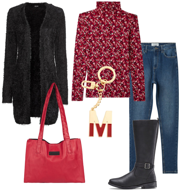 Outfit donna - Mery. Stile Casual per Tutti i giorni. Abbinamento con cardigans, stivali, t-shirt, jeans skinny, shopping bag, portachiavi.